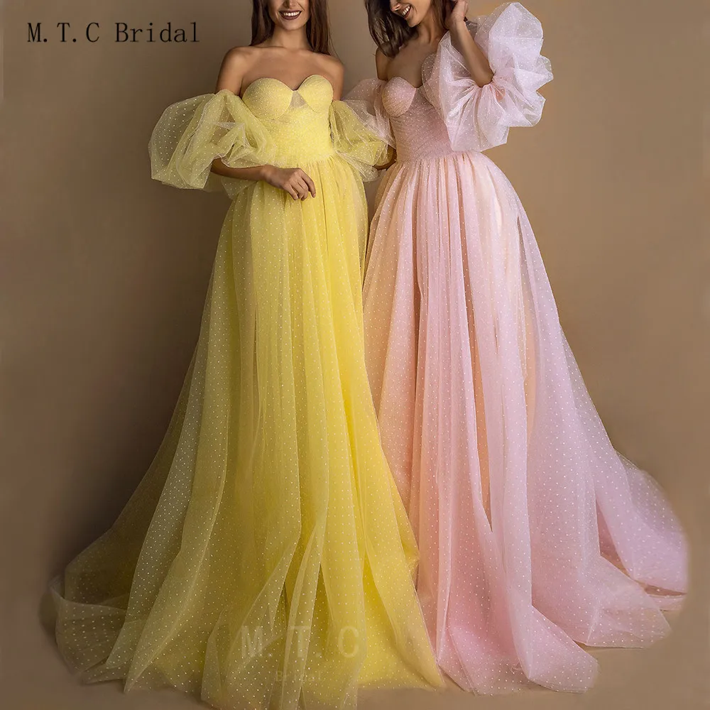 

Yellow Tulle New Evening Dress 2019 Half Sleeve Off The Shoulder A Line Long Formal Occasion Women Dresses Custom Made Cheap