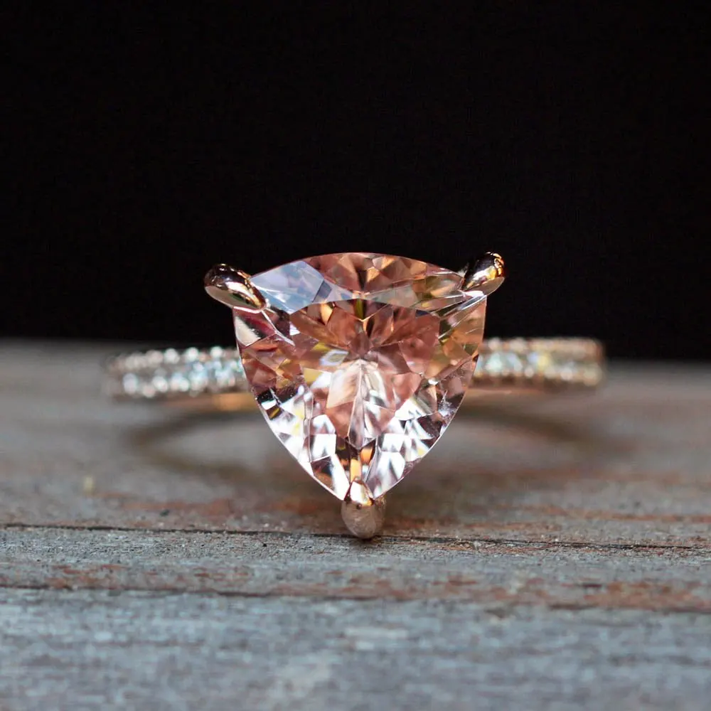 Треугольная форма 2.5CT натуральное морганитное кольцо 14K розовое золото морганит