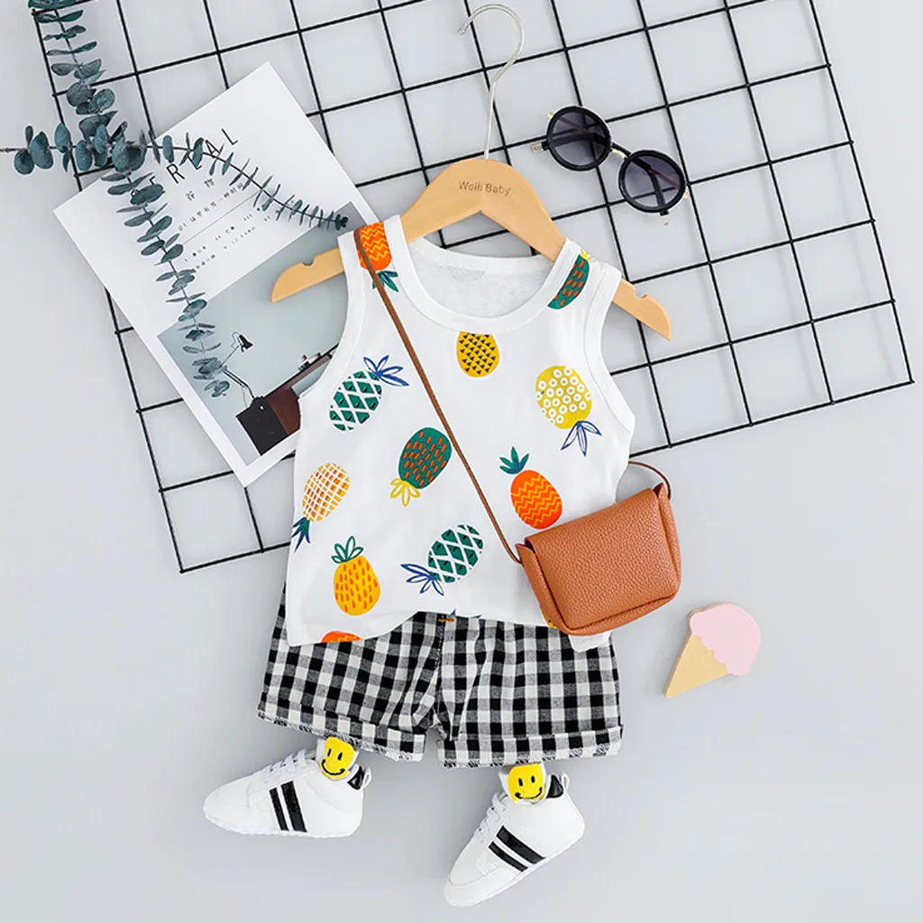Хлопковый летний костюм для мальчиков жилет с ананасом маленьких топы клетчатые