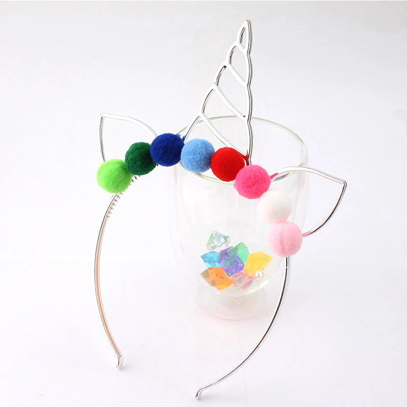 Sliver pompom 12 шт./лот, вечерние аксессуары для волос с единорогом, разноцветные повязки для волос для женщин и девочек, подарок на Рождество, день рождения, кошачьи ушки, повязка на голову для детей - Цвет: Sliver pompom