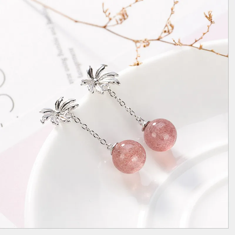 Uglyless Real Thai Silver Handmade Coconut Earrings Women Strawberry Quartz Pink Ball Fine Jewelry Solid 925 Bijoux | Украшения и