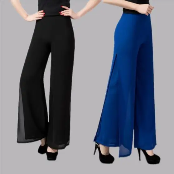 Высококачественные однотонные шифоновые двухслойные длинные штаны женские