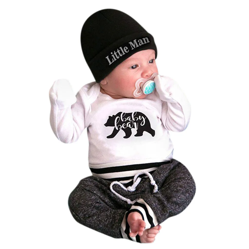 Infant Kids Baby boy Girls Clothes Sets 3 PCS Long sleeve Solid color Romper + Shrink trousers black knitted hat clothes set | Детская
