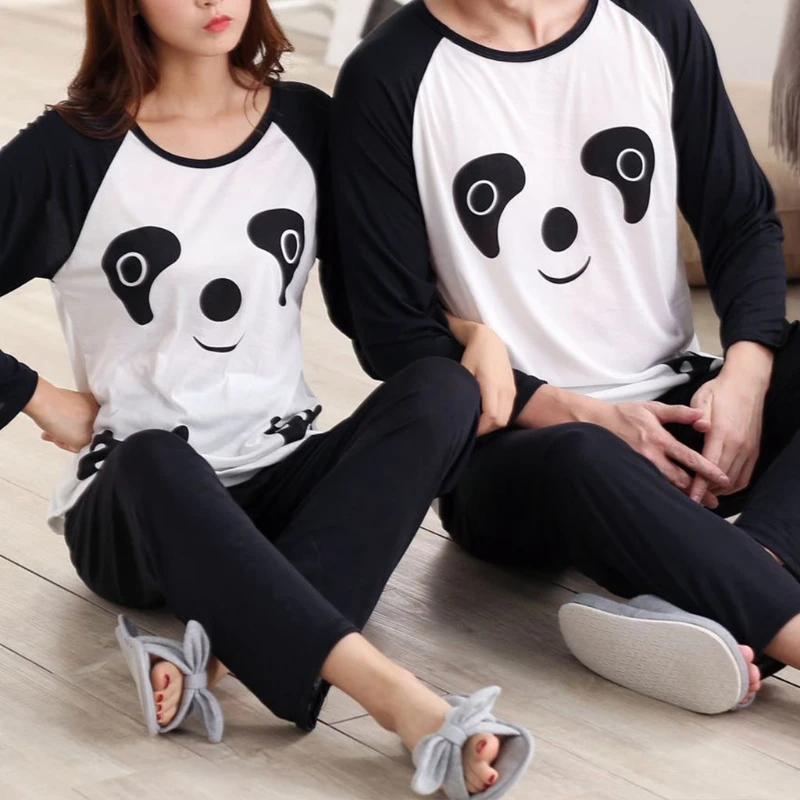 Autumn Couples Sleepwear Cartoon Panda Long Sleeve Pullover Pajamas Set Women Man Casual Nightwear Set