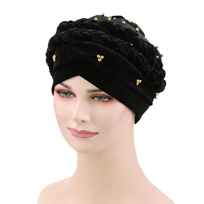 velvet beads head hijab caps turban indian hair bands for women muslim headbands headscarf hats braid Bandanas girls