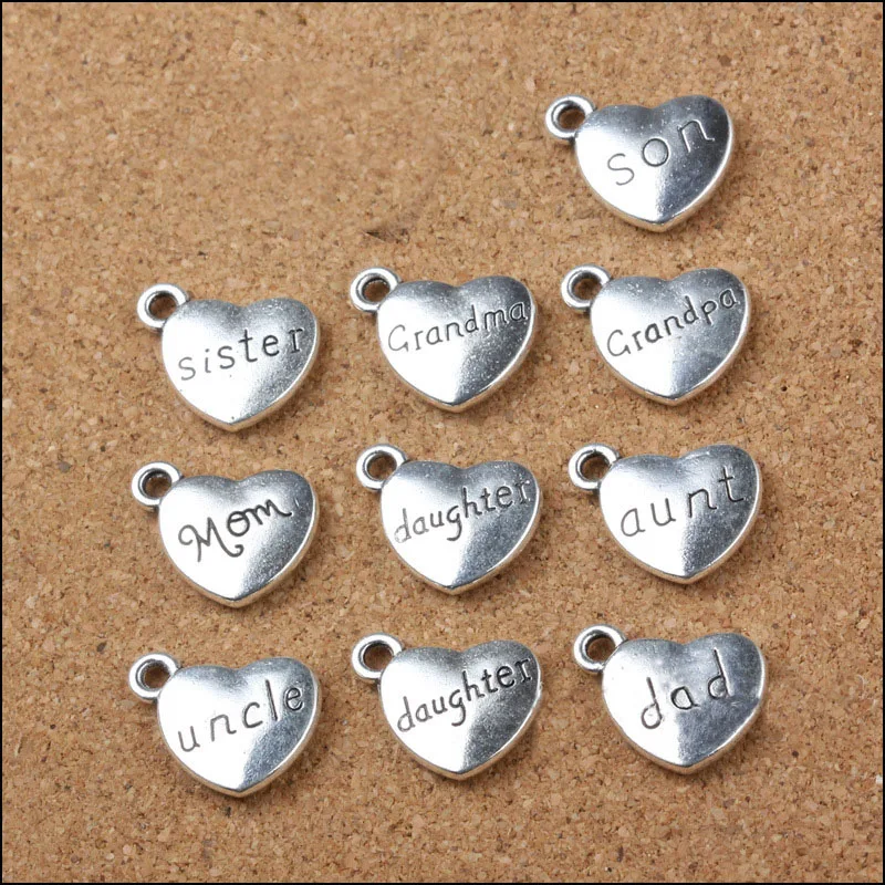 

High Quality 10 Pieces/Lot 14mm*18mm Hearts Daughter Son Grandma Grandpa Sister Dad Mom Charm Family Charms 10 Styles