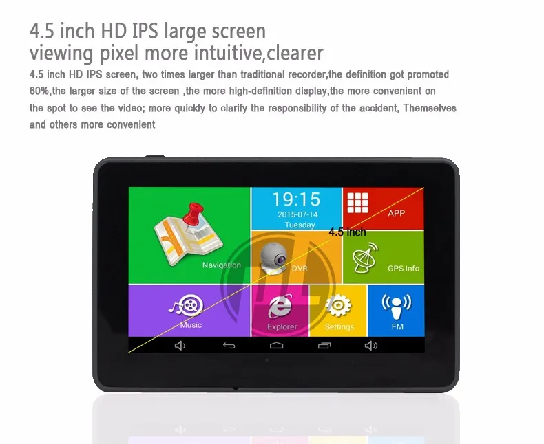 Автомобиль gps навигатор 4,5 дюймовый сенсорный экран ips 854*480 HD 1080P DVR камера DDR3 512MB MT8127 4 ядра 4 Процессор Android4.4.0