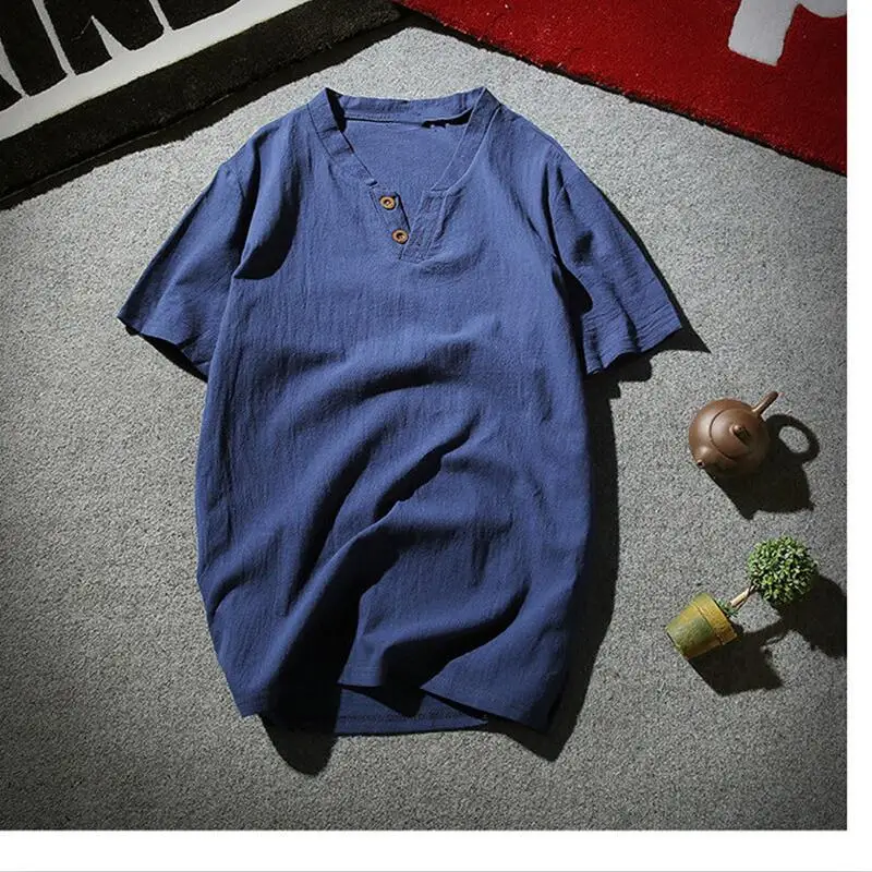 Мужская Повседневная рубашка из хлопка и льна с воротником мандарина черного