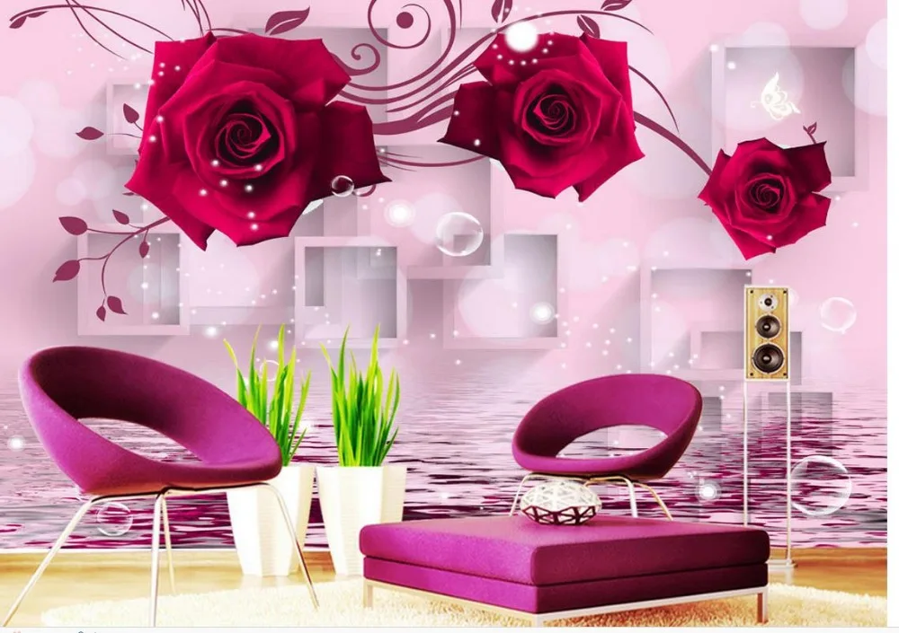 3d обои цветок красная роза отражение росписи для ТВ Декорации стен|3d wall paper|wall