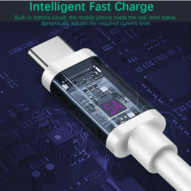 Электрический провод кабель USB 5A Быстрая зарядка Type-c для передачи данных qc Xiaomi