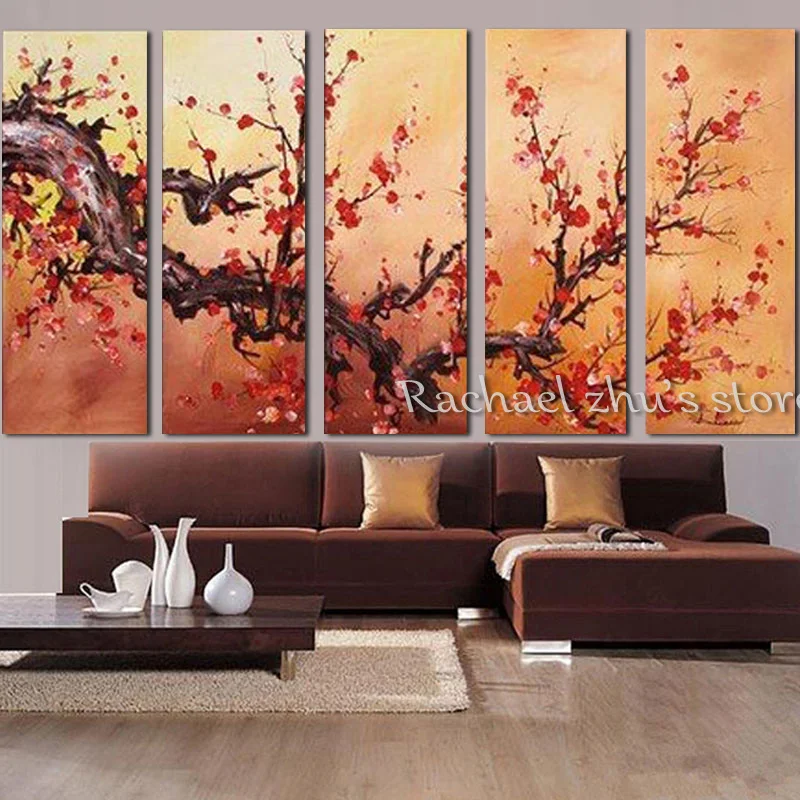 

Hand Painted wintersweet Flower Tree 5 Panles Oil Painting On Canvas wintersweet Tree Wall Picturers For Living Room Home Decor