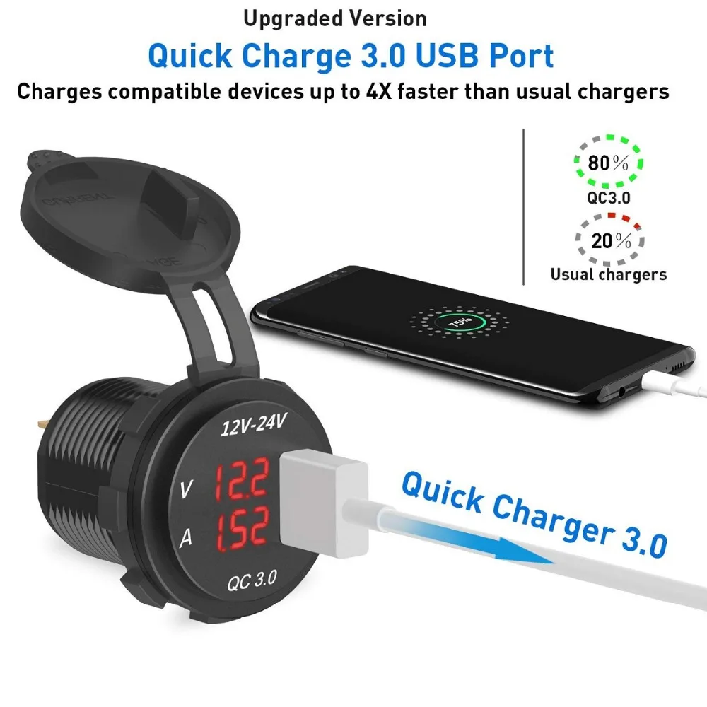 DC 12-24V Быстрое Зарядное устройство USB 5V 3A светодиодный дисплей Вольтметр Автомобиля QC 3,0 быстрое зарядное устройство для машины, лодки, мотоцикла