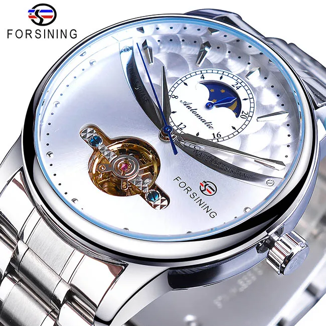 Forsining Tourbillon автоматические мужские часы классические золотые мужские часы фаза Луны механические часы из нержавеющей стали наручные часы Relogio - Цвет: S1150-3