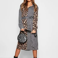 2019 autumn shirt dresses women plus size striped leopard patchwork office lady sashes maxi dress long sleeve plus size vestidos