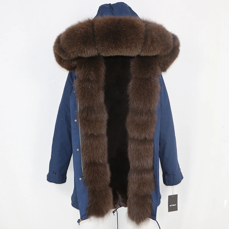 navy dark brown Зимняя женская куртка на каждый день шуба из натурального Лисьего меха длинная парка с капюшоном из натурального Лисьего меха брендовая парка Толстая теплая уличная одежда со съемным капюшоном - Цвет: navy dark brown