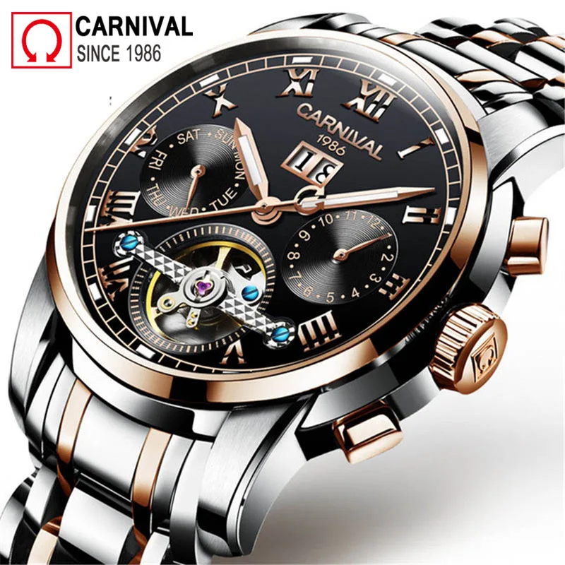 

Carnival Tourbillon автоматические часы для мужчин бизнес Мужские механические часы Топ бренд Роскошные наручные часы Relogio Masculino