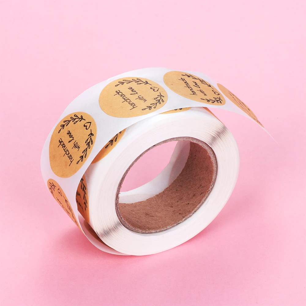500PCS/Roll Cards Box Package Label Sealing Handmade with Love& Flower Kraft Paper Stickers Wedding Decor Party Supplies#3
