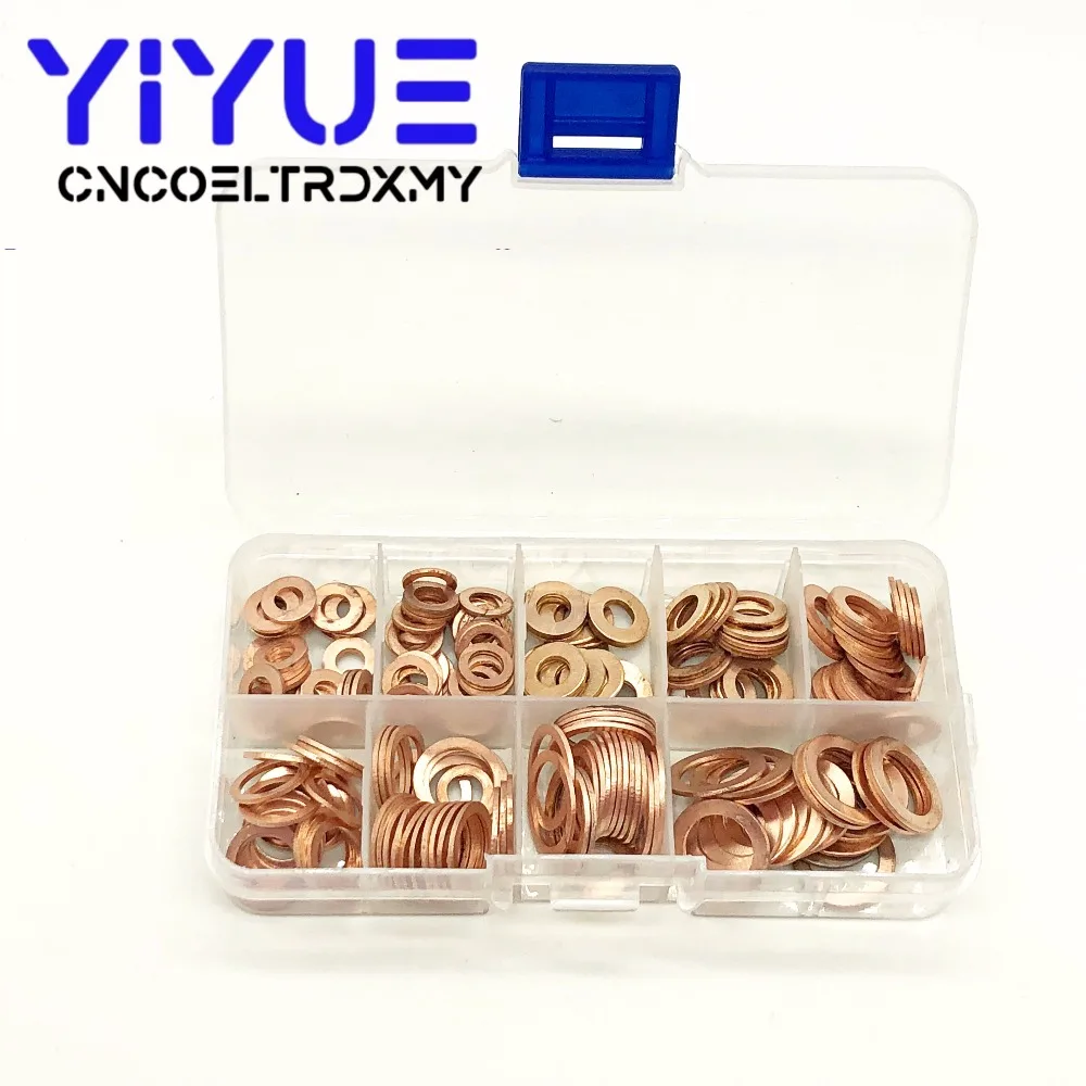 

200Pcs Copper Washer Gasket Nut and Bolt Set Flat Ring Seal Assortment Kit With Box M5/M6/M8/M10/M12/M14 for Sump Plugs Water