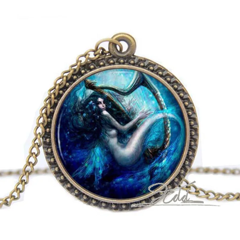 Серебряное и бронзовое ожерелье с подвеской русалкой синим морем сирена арфа