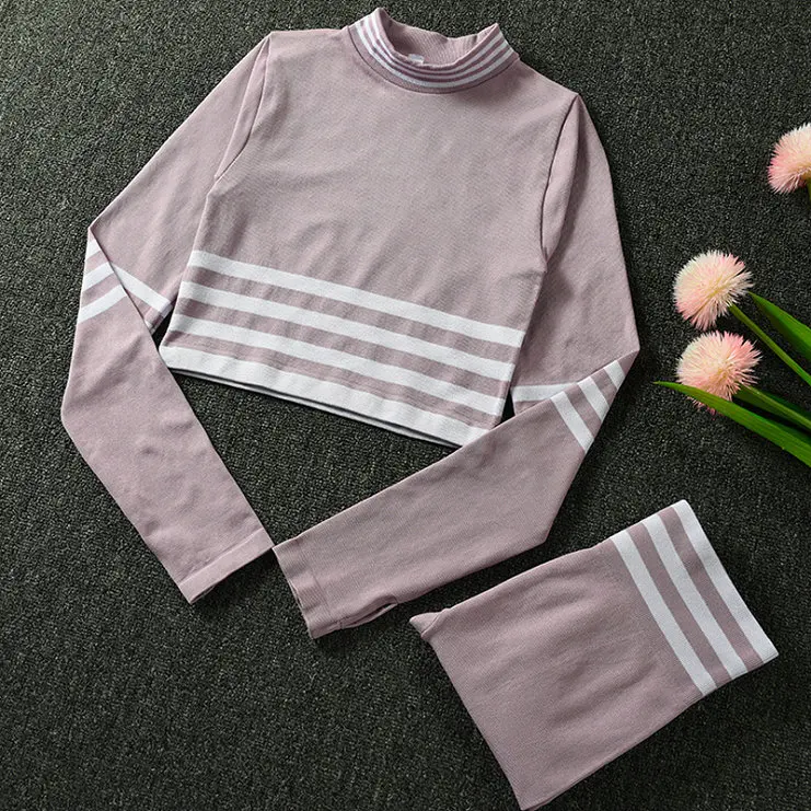 Pink Комплект из 2 предметов для йоги, женский укороченный топ в полоску с длинным рукавом и спортивные Леггинсы с высокой талией, одежда для спортзала, спортивный костюм, футболка для тренировок и фитнеса - Цвет: Pink