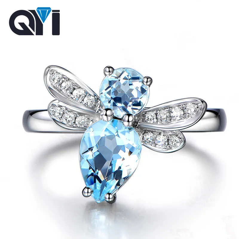 

QYI butterfly natural Sky Blue Topaz Rings 925 sterling silver 1.5 ct topaz Pear cut rngs for women gemstone Engagement Ring