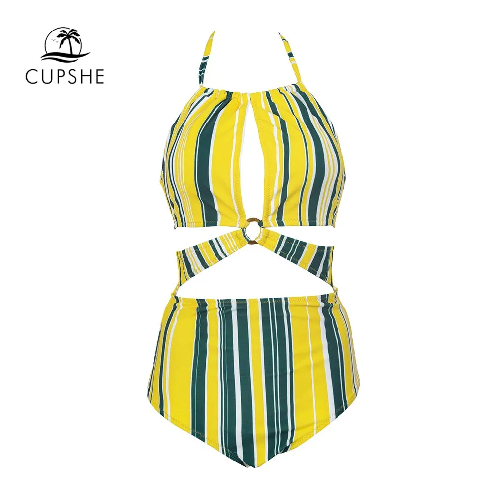 CUPSHE желтого серого и белого цвета в полоску Печатный пррнт Холтер цельный