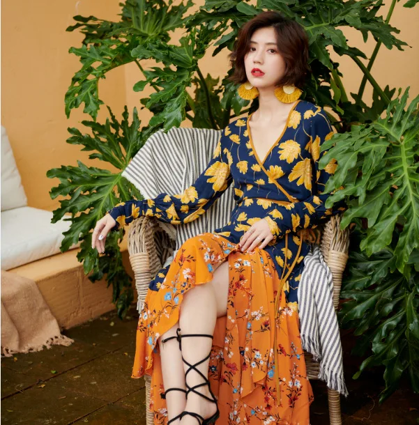 Floral with Straps V Neck Bohemian Beach Dress Sexy Long Sleeve Maxi Women Dresses Ruffles Asymmetrical Vestidos Verano 2019 | Женская
