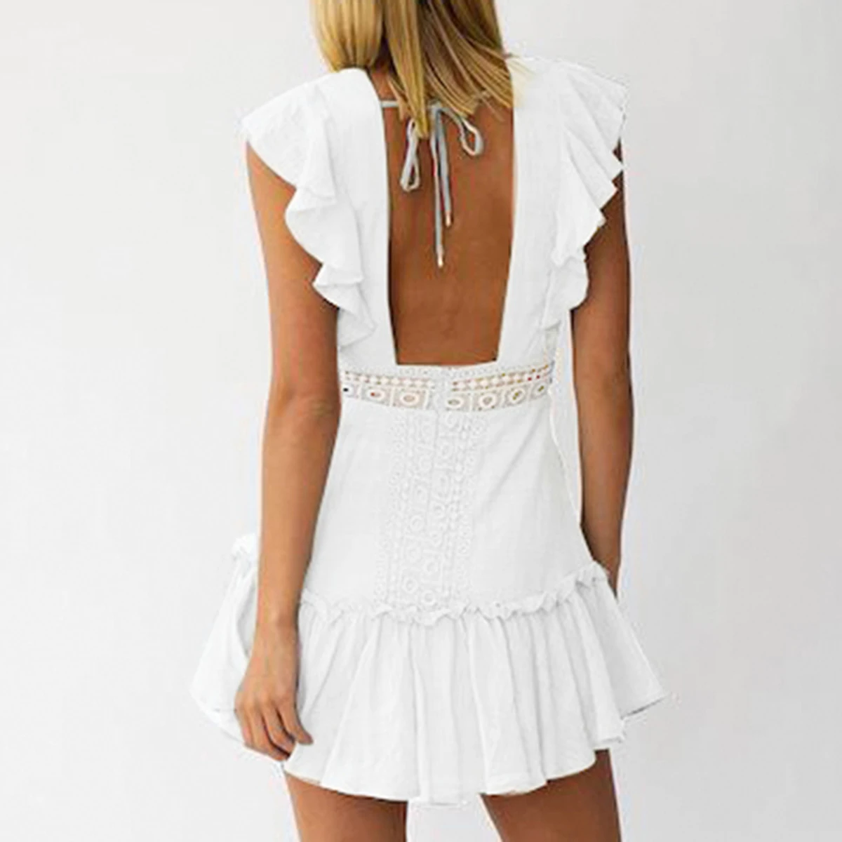 Женское кружевное мини-платье с вышивкой Boho белое Открытое платье поясом и