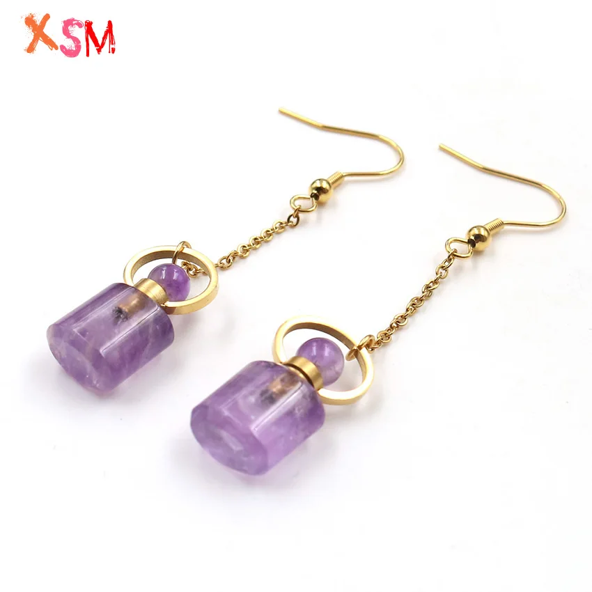 

Light Yellow Gold Color Natural Amethysts Bottle Drop Earrings Oil Jar Dangle Earring for Women Diffuser Aromatherapy Jewelry