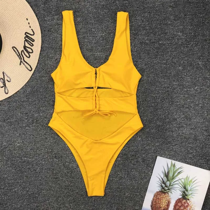 Сексуальный купальный костюм с высокой талией повязкой один купальник Женские