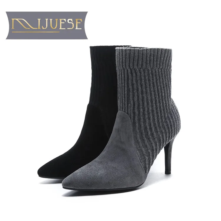 MLJUESE/женские ботильоны из эластичной замши без шнуровки с острым носком на