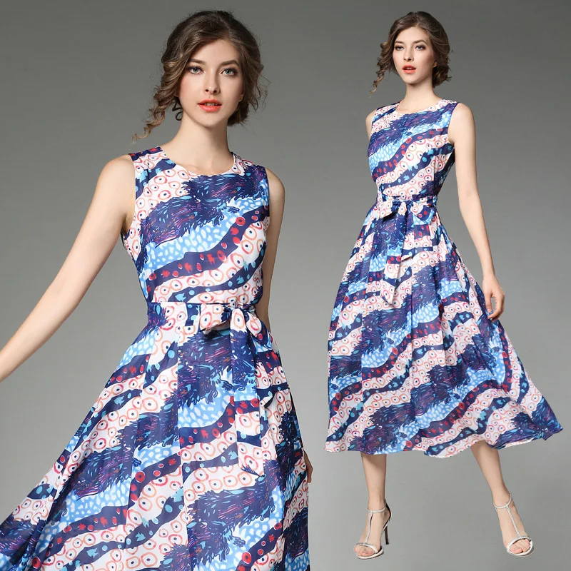 

New Fashion Autumn Women Vintage Sleeveless Dresses Lady Print Floral A line Party Dress 9422