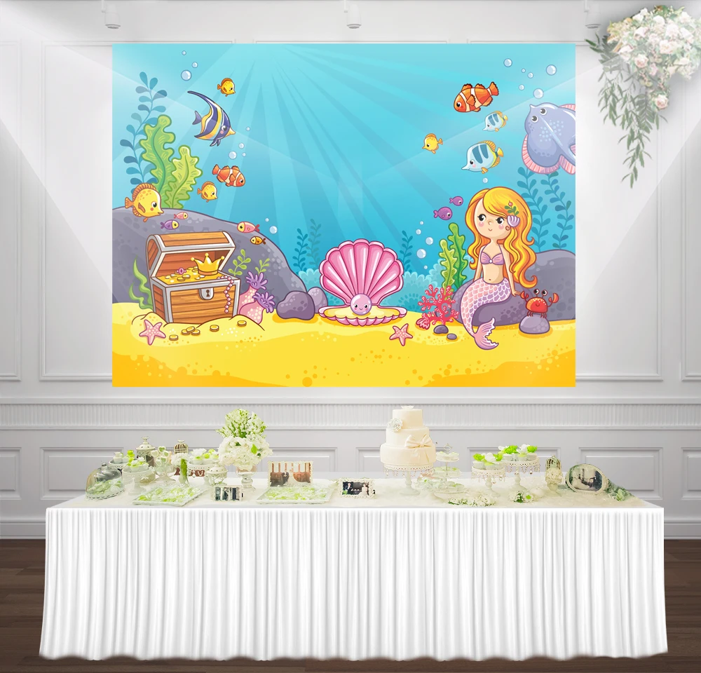 Фон для фотосъемки с изображением маленькой Русалочки дня рождения и девочек|Фон