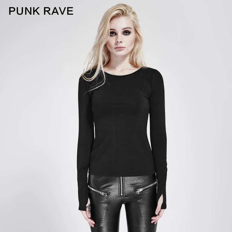 PUNK RAVE Women Halloween Christmas Punk Thorn series dark minimal lacing back skinny t-shirt extremely simple slim shape | Женская