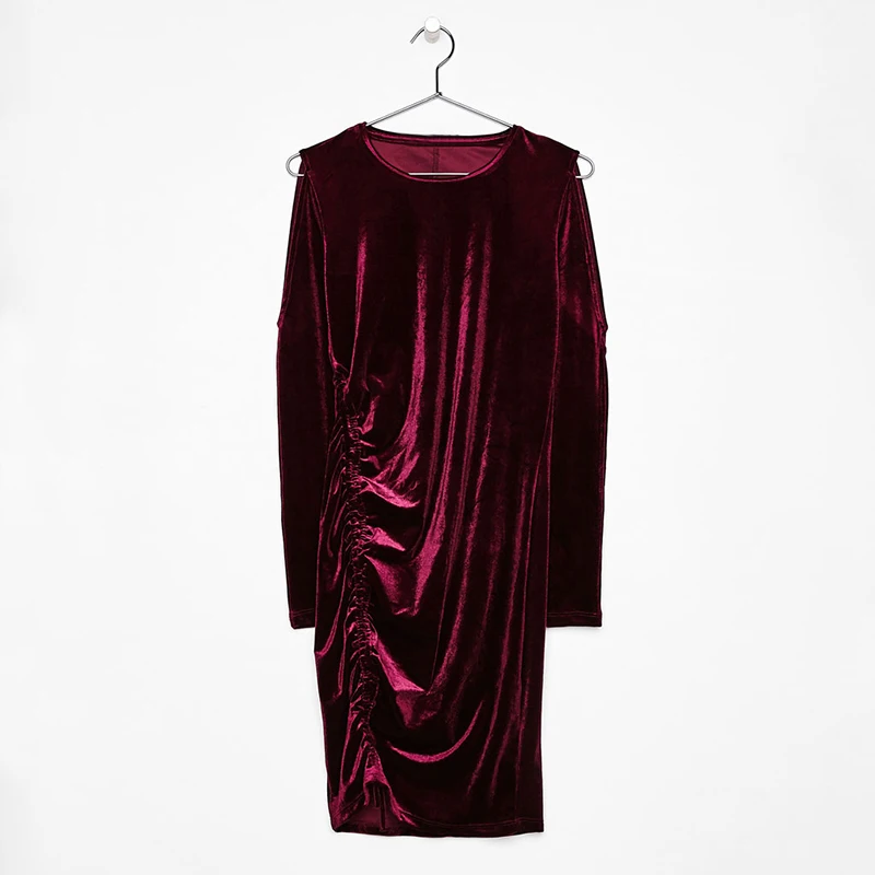 Осень-зима бордовый Draped Bodycon Вельветовое платье 2017 Для женщин Sexy оболочка с плеча