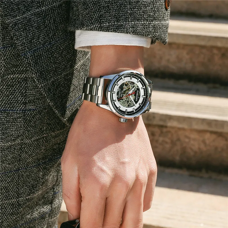 

Luxury Brand OUBAOER Men Watch Rose Gold Steel Automatic Skeleton Mechanical Watch Men Sport Waterproof Casual Wristwatch Clock