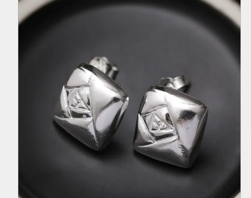 Uglyless Real S 990 Silver Square Studs for Women Handmade Engraved Rose Flower Stud Earrings MINI Size Geometric Brincos Bijoux | Украшения