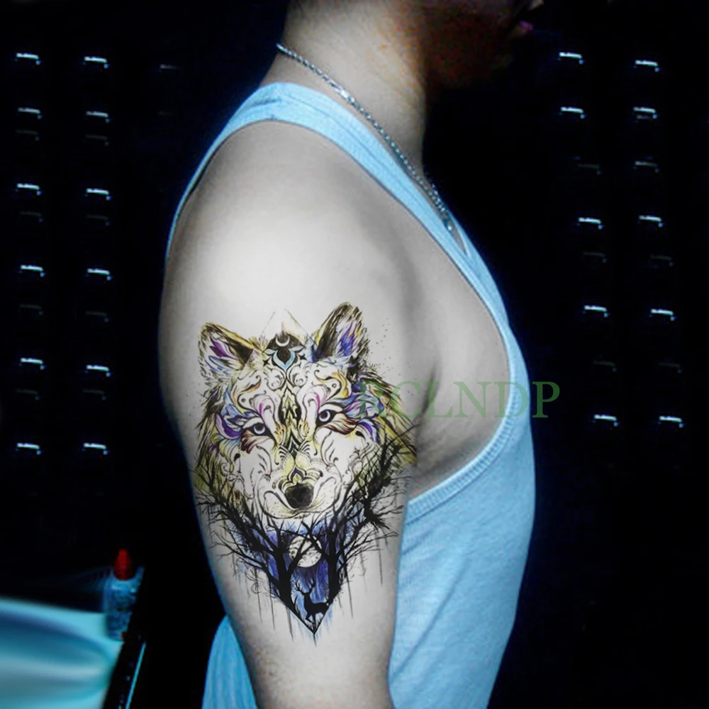 Водонепроницаемая Временная тату наклейка Волчья Голова дерево поддельные флэш