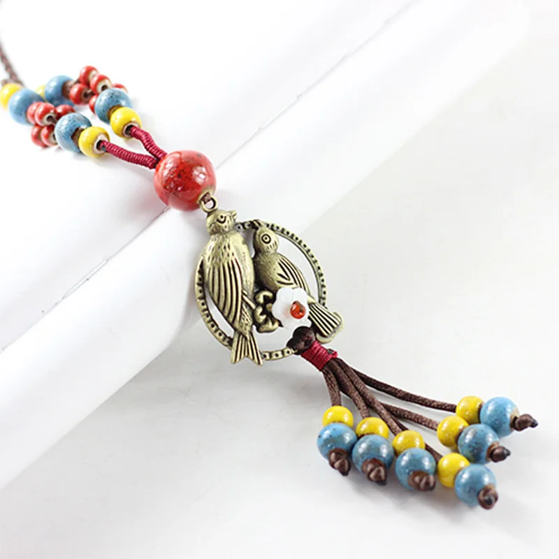 

12 Pieces/Lot Flower Long Tassel Choker Women Fashion Jewelry Gold Color Double Bird Charm Statement Ceramic Necklace Jewelry