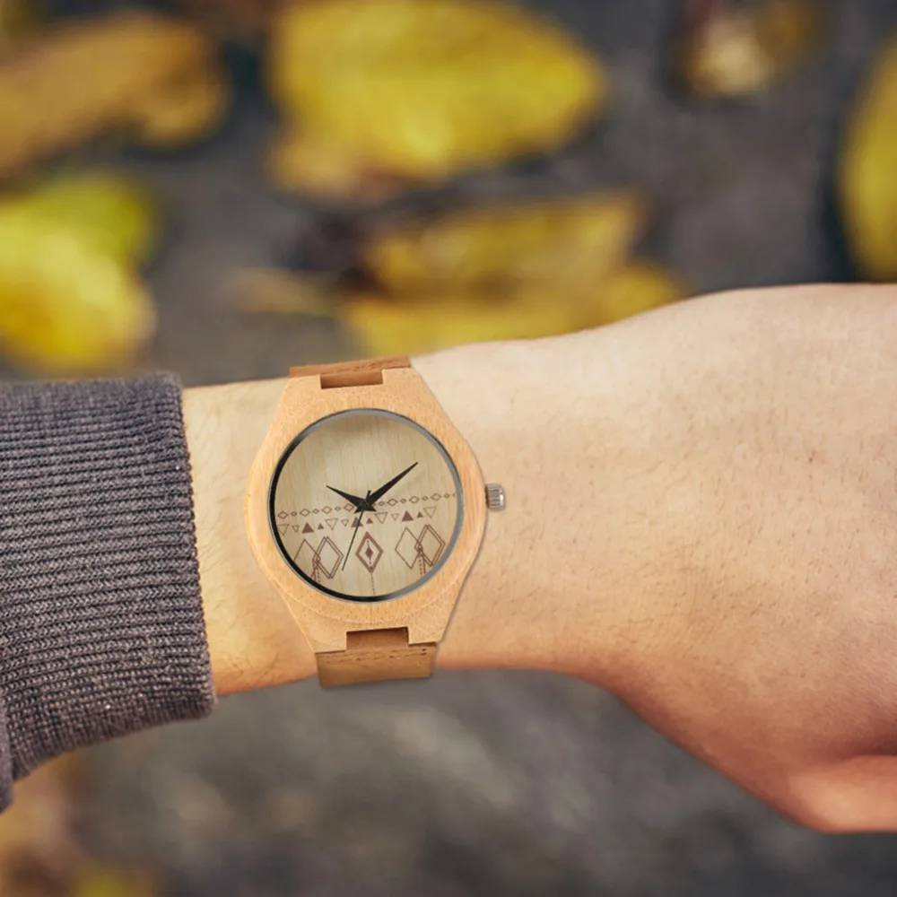 

Unique Wood Wristwatch Handmade Bamboo with Brown Leather Band Strap Casual Fashion Simple Design Unique Cool Gifts for Lovers