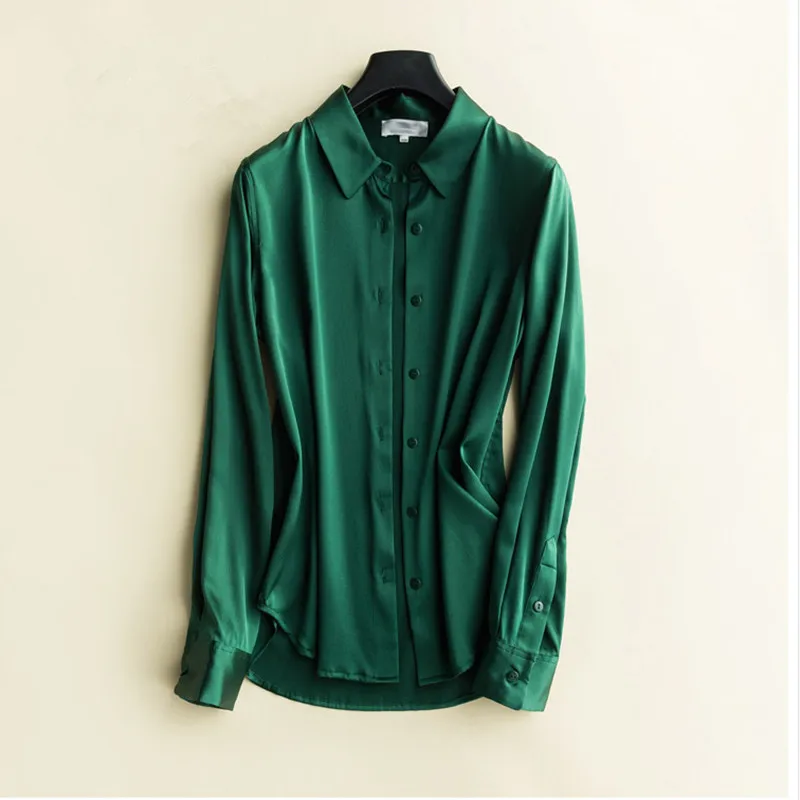 2020 Spring Satin Silk Turn-down Collar Long Sleeves OL Ladies Shirt Women Solid Comfort Elegant 19 Momme Real | Женская одежда
