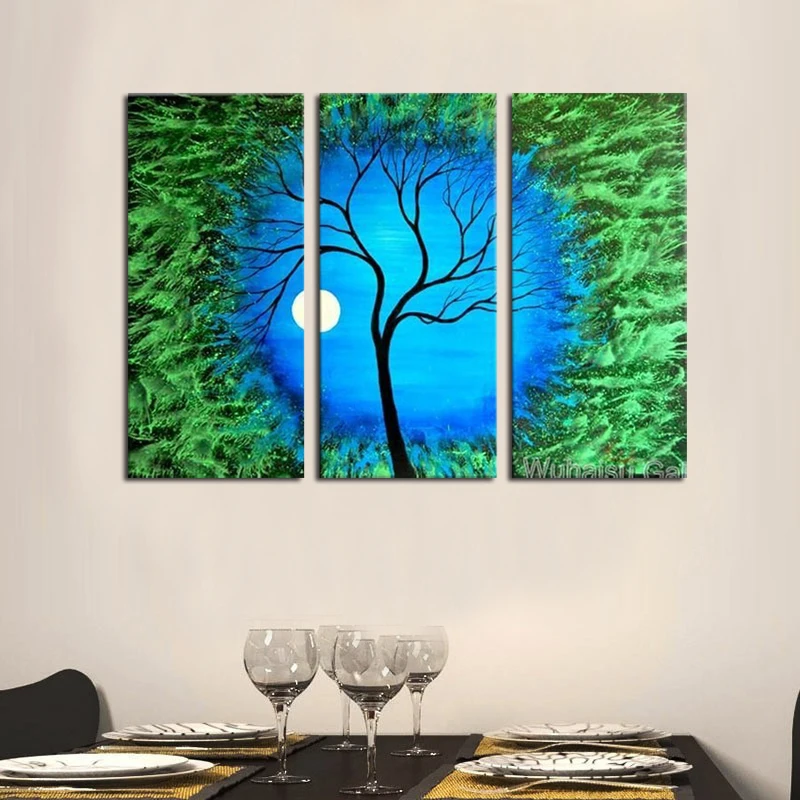 New hand painted 3panel combined picture oil paintings moon abstract tree oil painting on canvas home decor