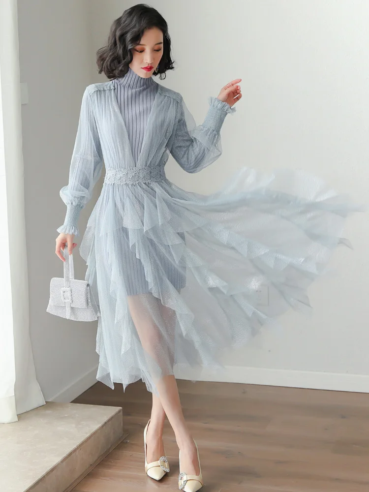 Весеннее платье свитер женская одежда 2020 корейское трикотажное Сетчатое средней