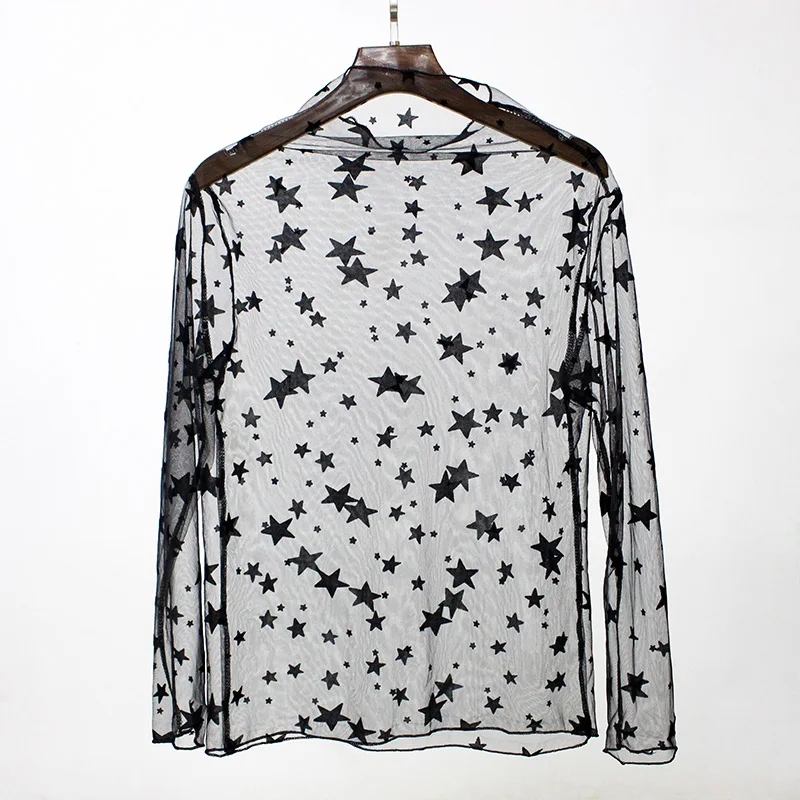 Хит 2018 женские с длинным рукавом сексуальные черные сетчатые футболки