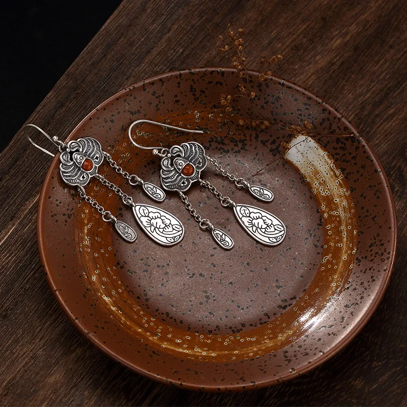 2018 Real New Arrival Brinco S925 Sterling Antique Old Inlaid South Peony Flower Fu In Front Of Ladies Earrings Wholesale | Украшения и