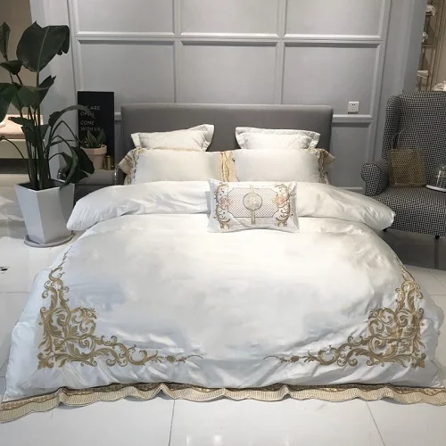 color3 Фиолетовый Белый Вышивка Duvet Стёганое одеяло роскошные постельные принадлежности мягкие постельное бельё из египетского хлопка листов простыня набор King queen размер 4/7 шт - Цвет: color3