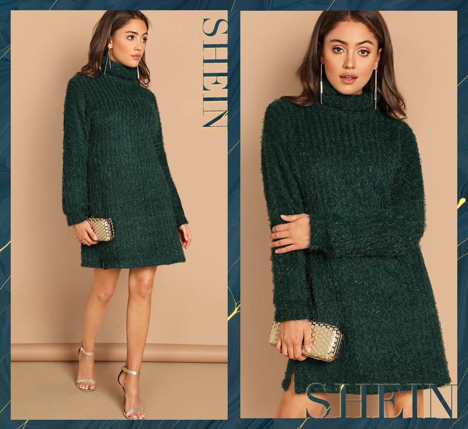 SHEIN Платье-Свитер С Высоким Воротником И Длинным Рукавом, Длинный Пушистый Свитер