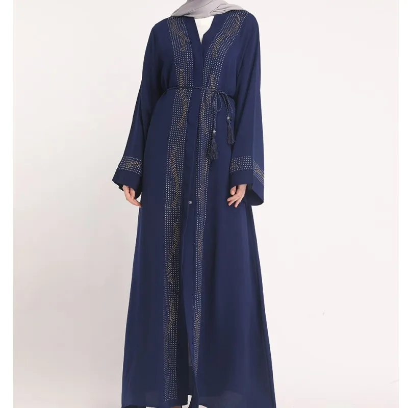 Роскошный мусульманский кардиган, украшенный бусинами, abaya, длинное кимоно, длинные халаты, Jubah, Дубай, Ближний Восток, Арабский исламский наряд - Цвет: Dark blue