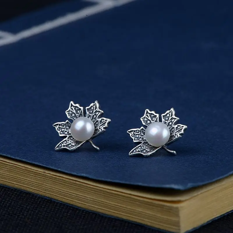 FNJ Freshwater Pearl Earrings Leaf 925 Silver boucle d'oreille for Women Jewelry S925 Sterling Stud Earring Romantic | Украшения и