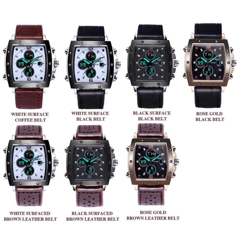 AMST Мужские квадратные часы с двойным дисплеем Quartzel Ectronic 50 м водонепроницаемые